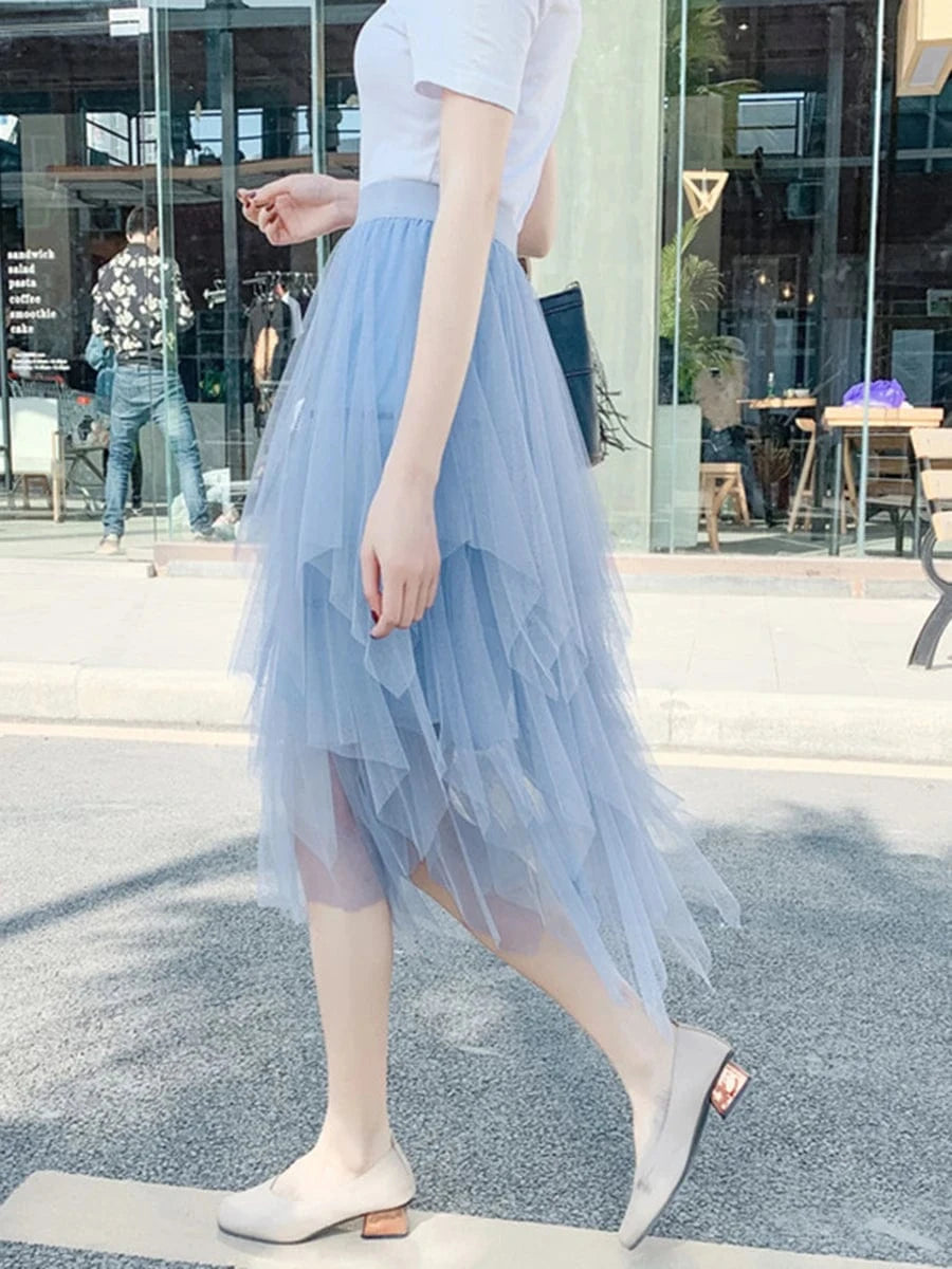 Women Tutu Tulle Skirt Elegant High Waist Mesh Tiered Layered Half Skirt Female Prom Party Midi Skirt for Summer Fairycore Y2K