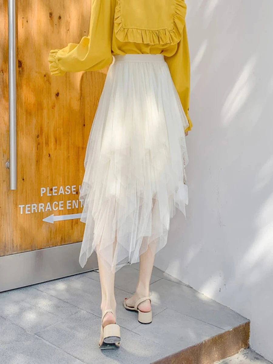 Women Tutu Tulle Skirt Elegant High Waist Mesh Tiered Layered Half Skirt Female Prom Party Midi Skirt for Summer Fairycore Y2K