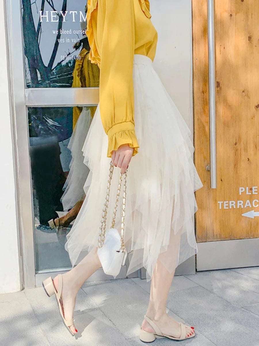 Women Tutu Tulle Skirt Elegant High Waist Mesh Tiered Layered Half Skirt Female Prom Party Midi Skirt for Summer Fairycore Y2K