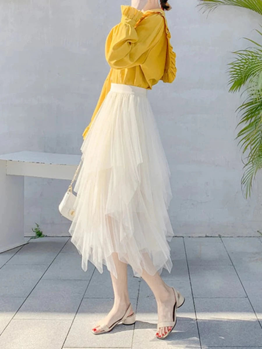 Women Tutu Tulle Skirt Elegant High Waist Mesh Tiered Layered Half Skirt Female Prom Party Midi Skirt for Summer Fairycore Y2K
