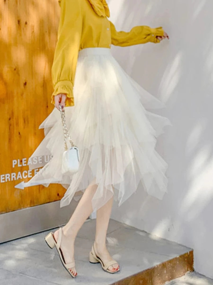 Women Tutu Tulle Skirt Elegant High Waist Mesh Tiered Layered Half Skirt Female Prom Party Midi Skirt for Summer Fairycore Y2K