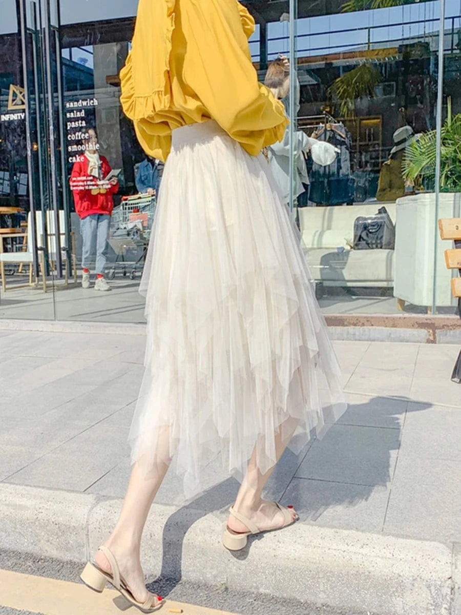 Women Tutu Tulle Skirt Elegant High Waist Mesh Tiered Layered Half Skirt Female Prom Party Midi Skirt for Summer Fairycore Y2K