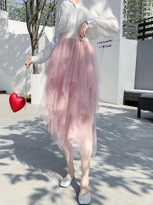 Women Tutu Tulle Skirt Elegant High Waist Mesh Tiered Layered Half Skirt Female Prom Party Midi Skirt for Summer Fairycore Y2K
