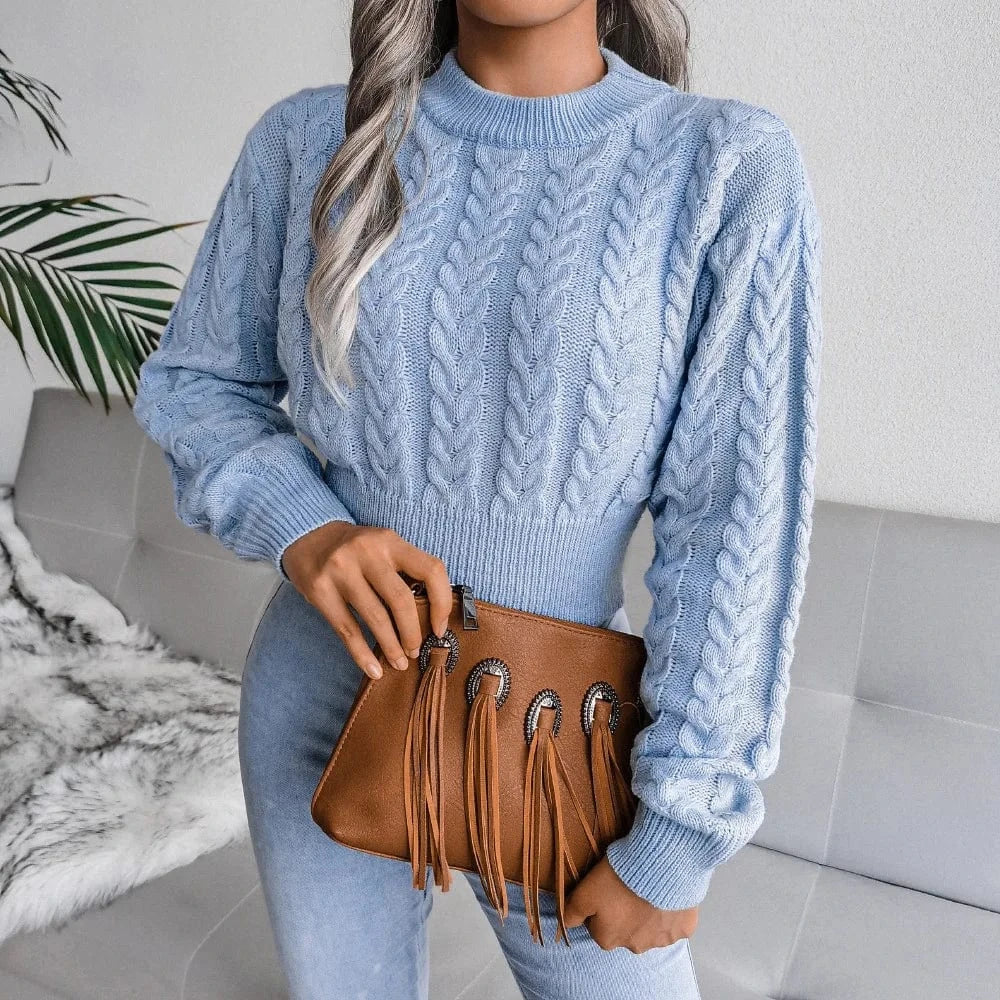 Women Twist Knitted Sweaters Autumn Winter O-Neck Long Lantern Sleeve Slim Knitwear Pullover Tops Elegance Sweet Woman Clothing
