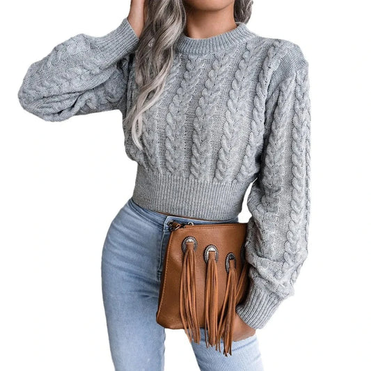 Women Twist Knitted Sweaters Autumn Winter O-Neck Long Lantern Sleeve Slim Knitwear Pullover Tops Elegance Sweet Woman Clothing