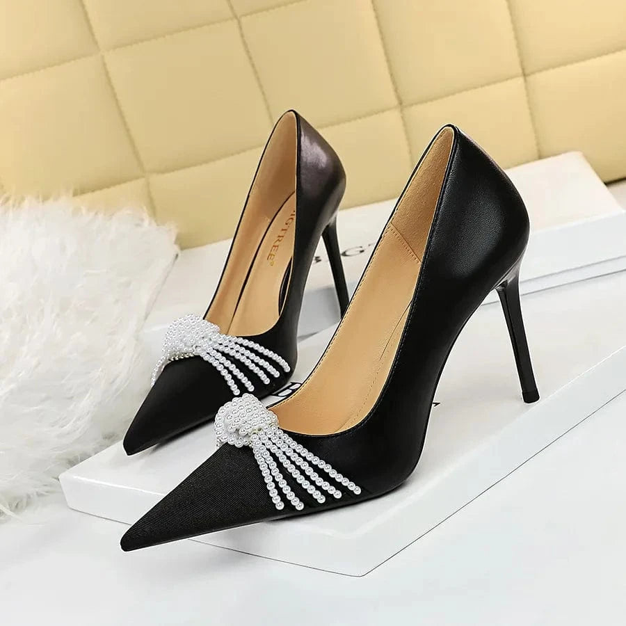 Women US10/EU42 / Black Fashion Zapatos Tacones Talons Femme Stiletto Pumps Pointed Toe Pearl Bowknot Women's Heels