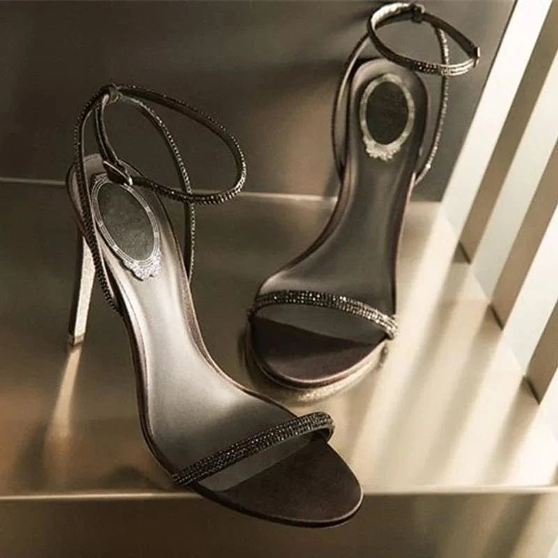 Women US10/EU42 / Black Sandalia De Dama Rhinestone Fashion Female Shoes High Trendy Strap Diamond Heels for Women
