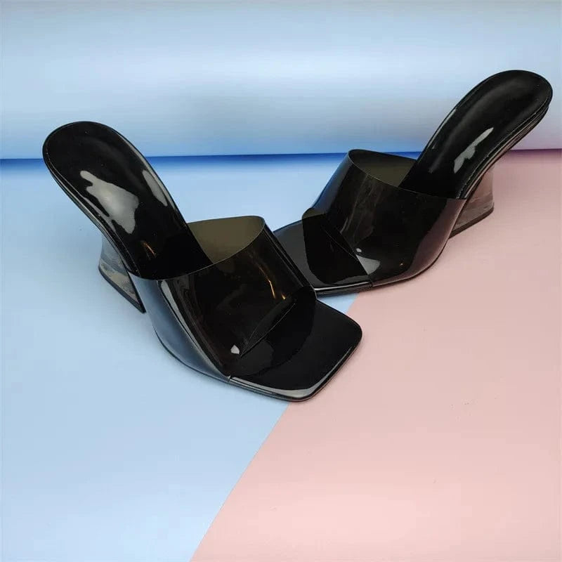 Women US10 /Eur42 / Black YQY0262 Fashion Color Crystal High Heeled Sandals Transparent Heel Color Square Shoes PVC Ladies Slippers Heels For Women