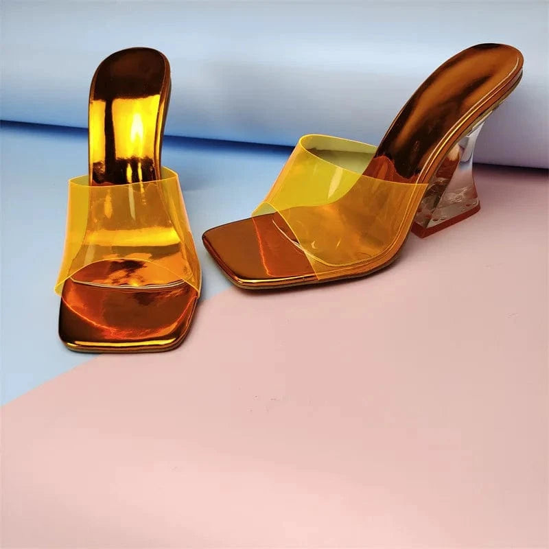 Women US10 /Eur42 / Orange YQY0262 Fashion Color Crystal High Heeled Sandals Transparent Heel Color Square Shoes PVC Ladies Slippers Heels For Women