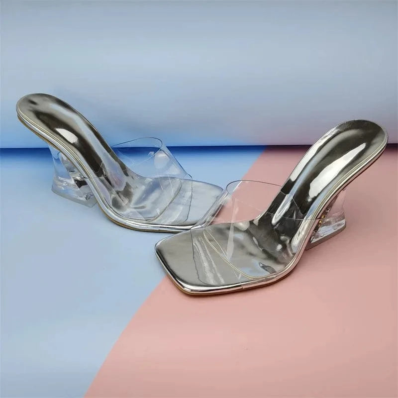 Women US10 /Eur42 / silver YQY0262 Fashion Color Crystal High Heeled Sandals Transparent Heel Color Square Shoes PVC Ladies Slippers Heels For Women