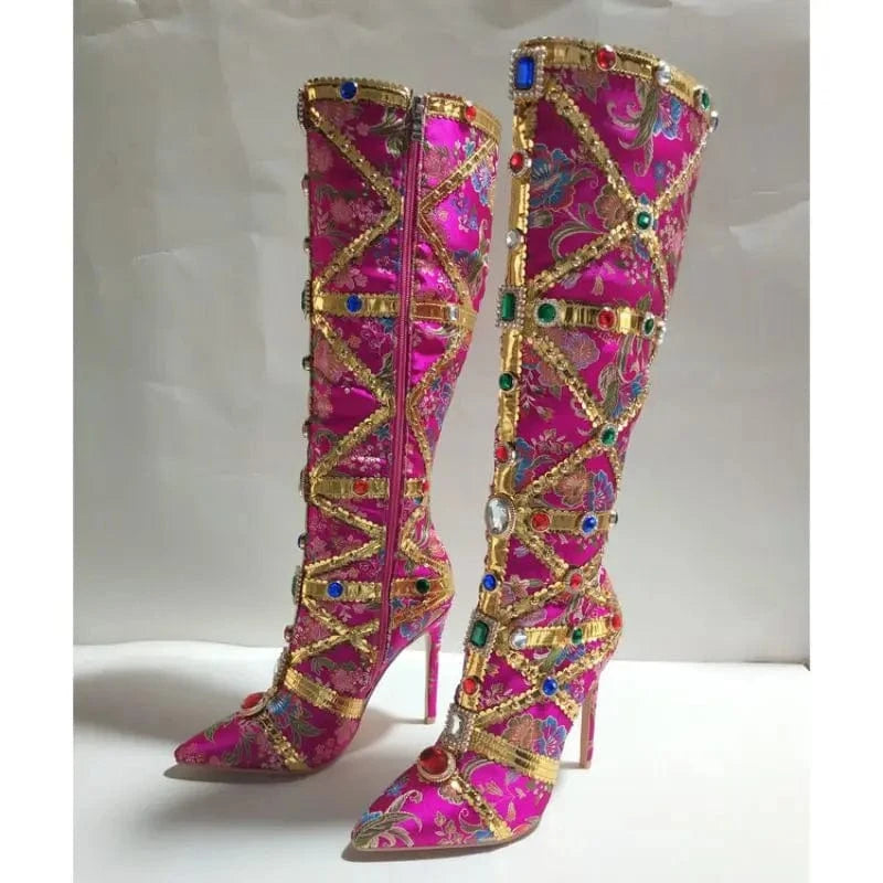 Women US11/EU43 / Rosy Retro Fashion Botas De Cano Alto Pencil Heel Shoes Knee High Diamond Luxury Boots for Women