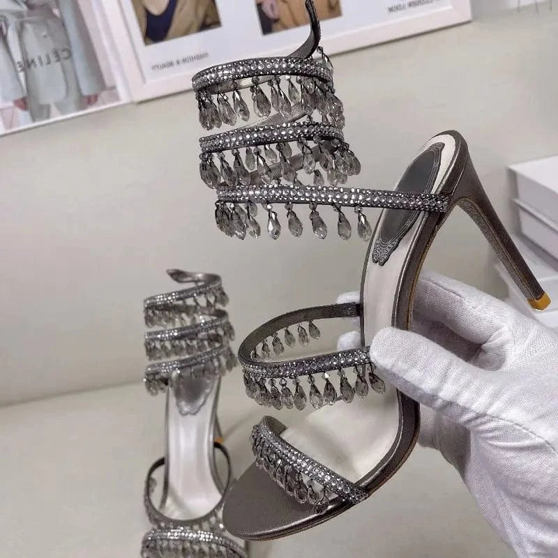 Women US4.5/EU35 / Bronze Ankle Wrap New Trend Tacones De Mujer Ankle Strap Custom Shoes Women Stretch Wire Heels