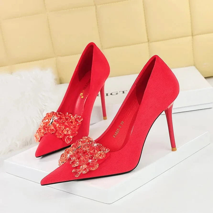 Women US4.5/EU35 / Red Rhinestone Bow Sandales Talon Femme Latest Design No MOQ 1 Pumps Sexy Ladies Stiletto High Heels for Women
