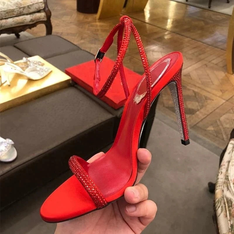 Women US4.5/EU35 / Red Sandalia De Dama Rhinestone Fashion Female Shoes High Trendy Strap Diamond Heels for Women
