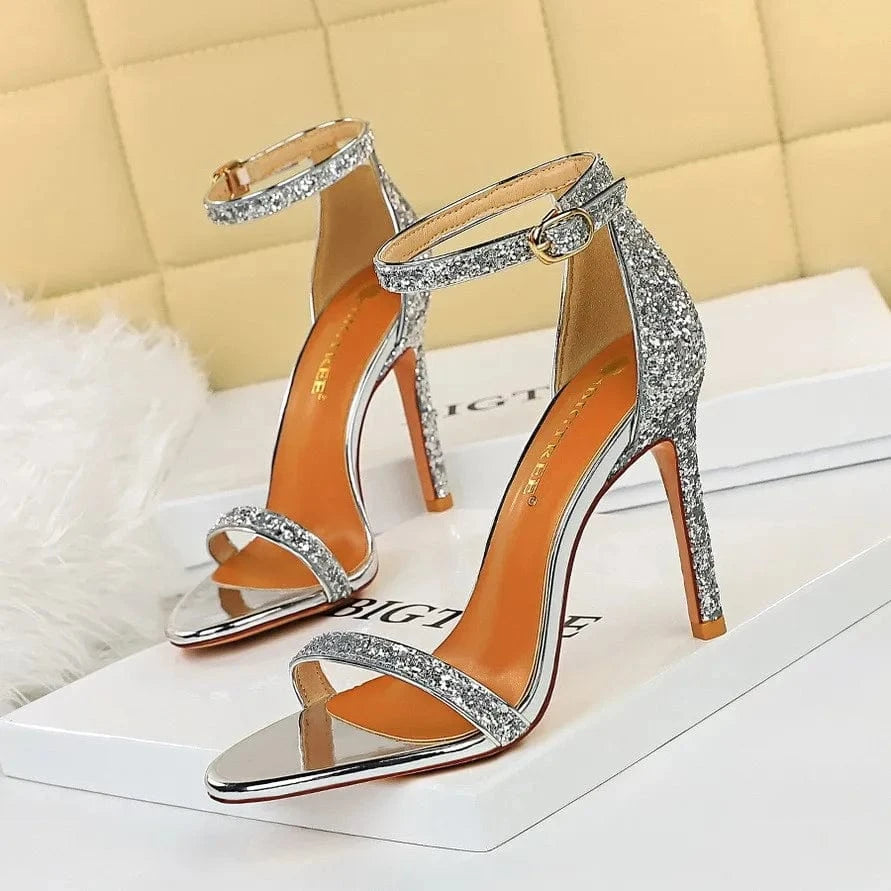 Women US4.5/Eur35 / 829-3 SLV YQY4709 New Design Women Summer Bridal Wedding Sandals Round Toe Ladies PVC Beautiful Pointed Thin High Heel Sandals Women