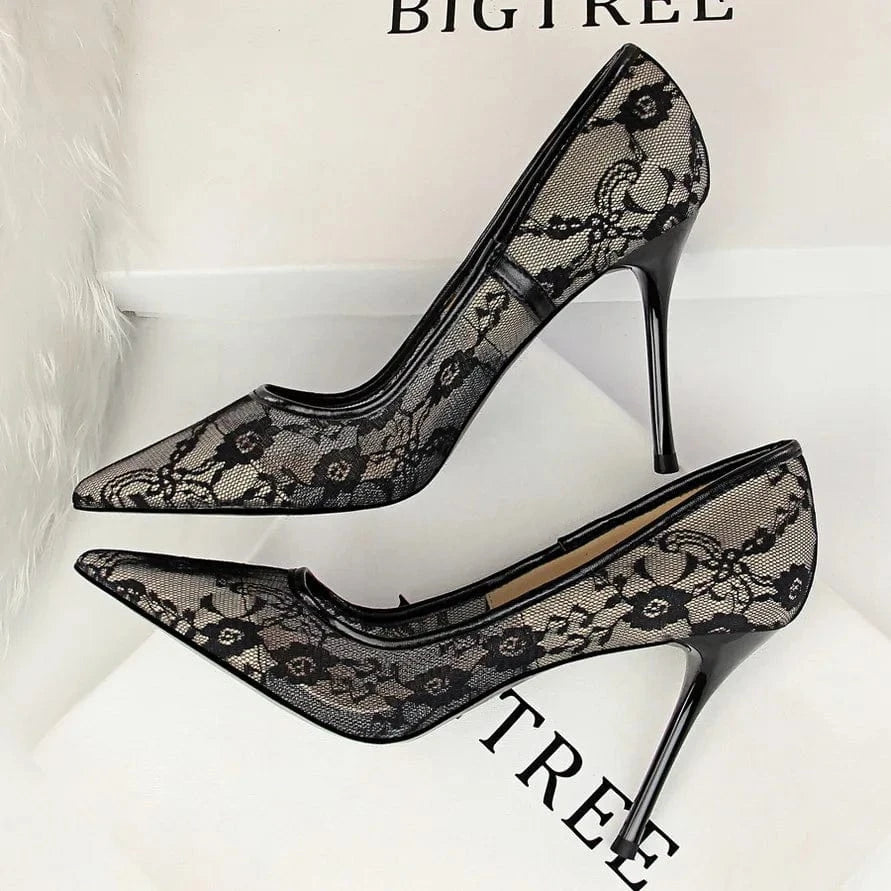 Women US4.5/Eur35 / Black Sexy Office Lady Stiletto High Heel Shallow Mouth Pointed Toe Shoes Mesh Hollow Lace Women's Pumps