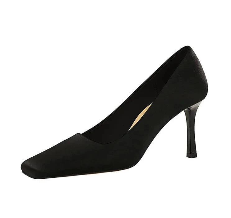 Women US4/EU34 / Black Women's Pumps 20023 Satin Shoes Square Toe Female Sweet Stiletto Ladies Heels