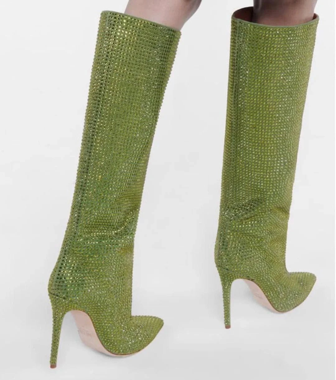 Women US4/EU34 / Green Large Size Diamond Crystal Rhinestone Comfortable Tube Stilettos Knee High Women's Boots