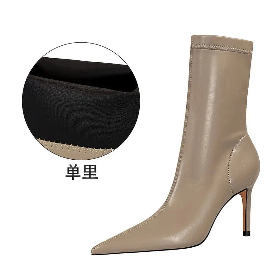 Women US4/EU34 / Khaki(7.5CM) Large Size 43 Botines Para Dama Leather Spike Heel Bootie Shoes Ankle Boots for Ladies