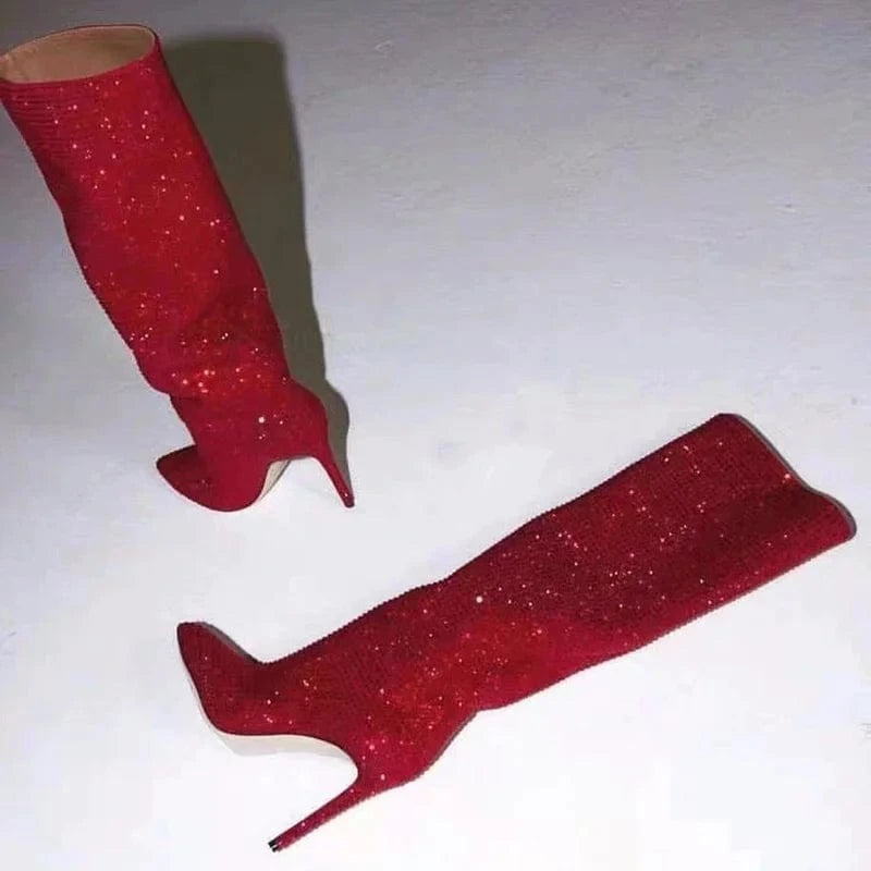 Women US4/EU34 / Red Large Size Diamond Crystal Rhinestone Comfortable Tube Stilettos Knee High Women's Boots