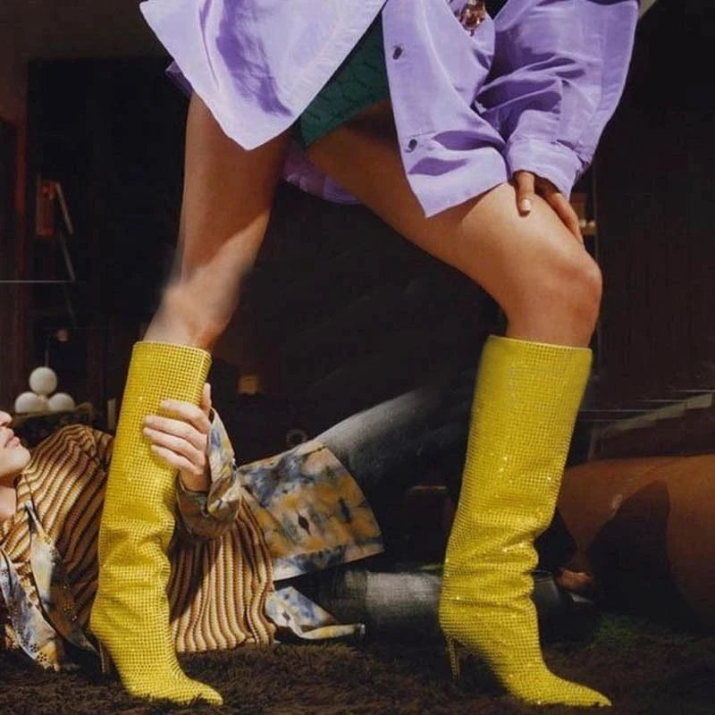 Women US4/EU34 / Yellow Large Size Diamond Crystal Rhinestone Comfortable Tube Stilettos Knee High Women's Boots