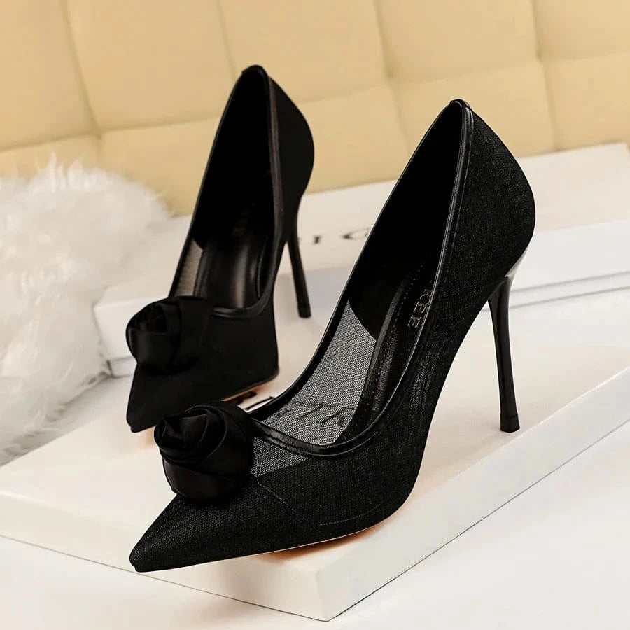 Women US5/EU36 / Black Chaussure Talon Femme Rose Decoration Pointed Toe Breathable Mesh Silk Pump Elegant Fashion Stiletto Heels for Ladies