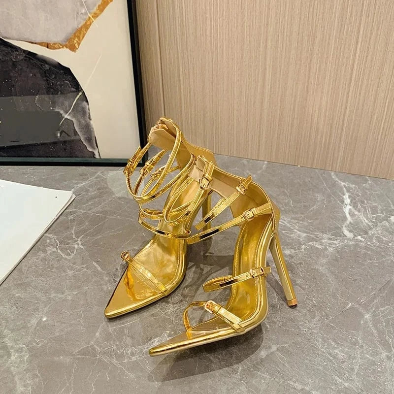 Women US5/EU36 / Gold Sexy Stilettos Women's Shoes Pointed Toe Buckles Sandals Talon Femme Ladies High Heels