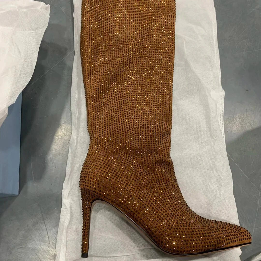 Women US6/EU37 / Brown Large Size Diamond Crystal Rhinestone Comfortable Tube Stilettos Knee High Women's Boots