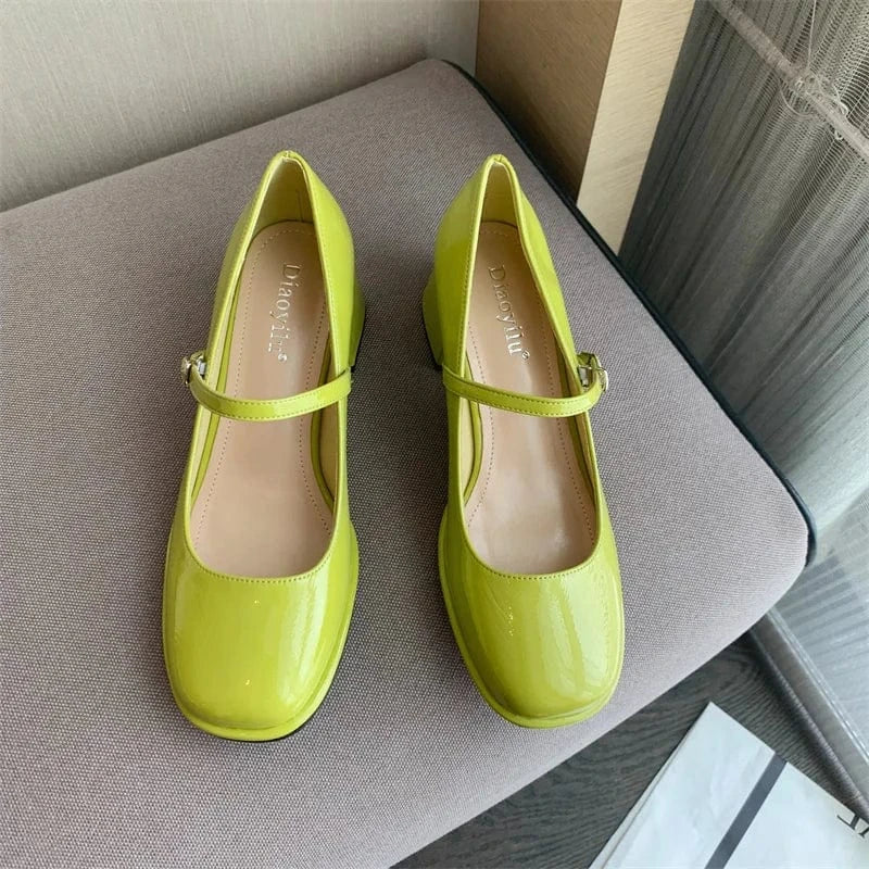 Women US6/EU37 / Green Vintage Thick Mary Jane Shoes Women 2022 Patent Leather Woman Round Toe Pumps Mujer Chunky Ladies Heels