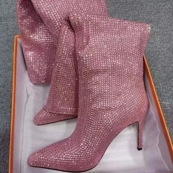 Women US6/EU37 / Pink Large Size Diamond Crystal Rhinestone Comfortable Tube Stilettos Knee High Women's Boots