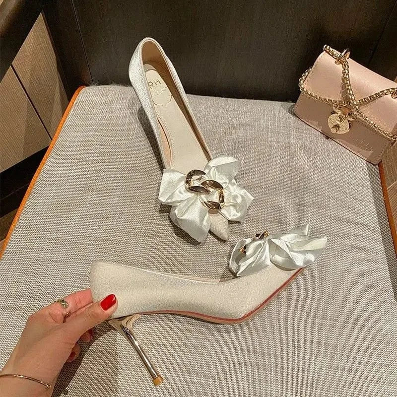 Women US7.5/EU39 / Apricot(8CM) 6CM/8CM Officer Wear Zapatos Para Mujer Large Bow Pointed Toe Fashion Pencil 2022 Women Pumps Small Size Heels