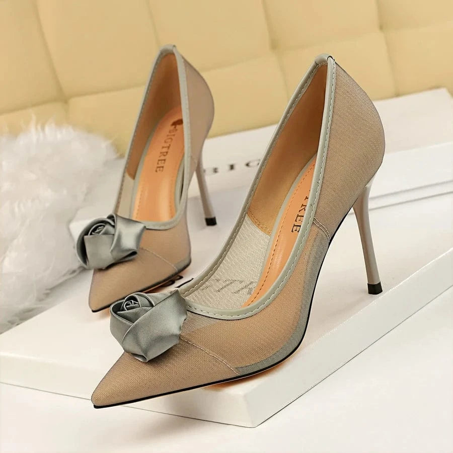 Women US7.5/EU39 / Grey Chaussure Talon Femme Rose Decoration Pointed Toe Breathable Mesh Silk Pump Elegant Fashion Stiletto Heels for Ladies
