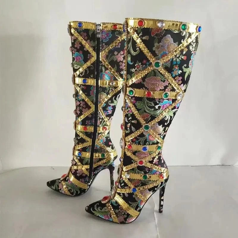 Women US7/EU38 / Black Retro Fashion Botas De Cano Alto Pencil Heel Shoes Knee High Diamond Luxury Boots for Women