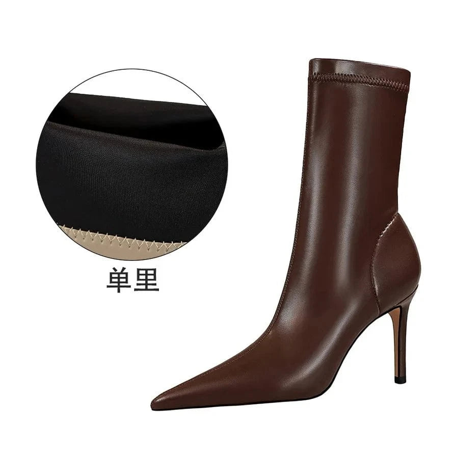Women US7/EU38 / Brown(7.5CM) Large Size 43 Botines Para Dama Leather Spike Heel Bootie Shoes Ankle Boots for Ladies