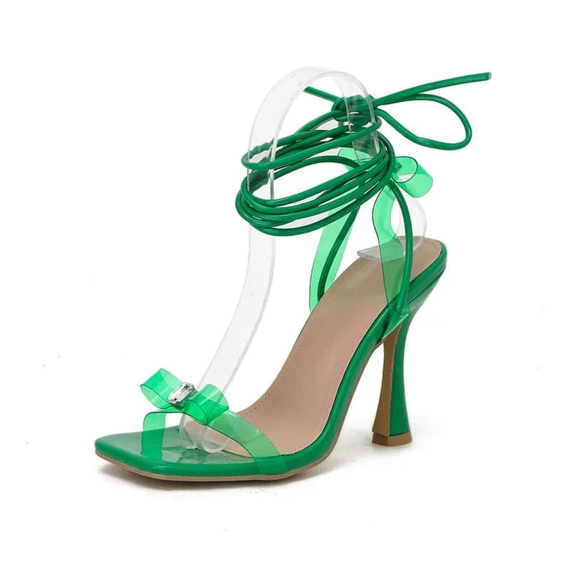 Women US7/EU38 / Green Talons Foreign Trade Women's Luxury Shoes Transparent Heels Pumps Fashion Rhinestone Bow PVC Lace up Sandals for Ladies