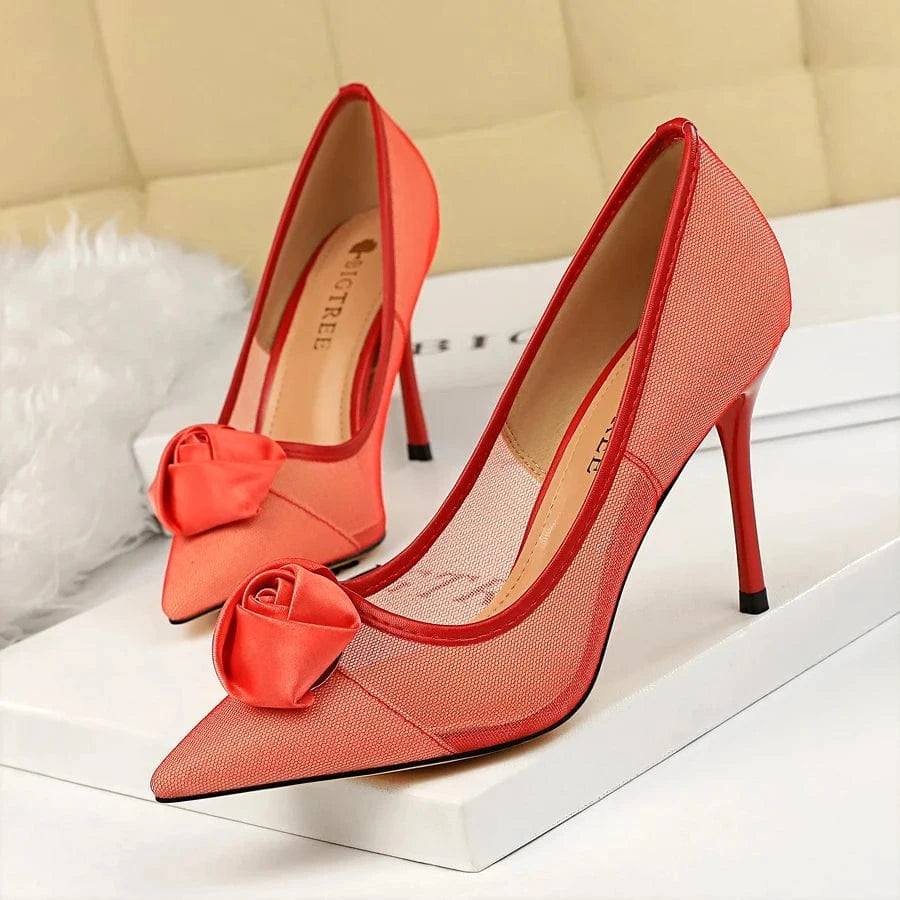 Women US7/EU38 / Red Chaussure Talon Femme Rose Decoration Pointed Toe Breathable Mesh Silk Pump Elegant Fashion Stiletto Heels for Ladies