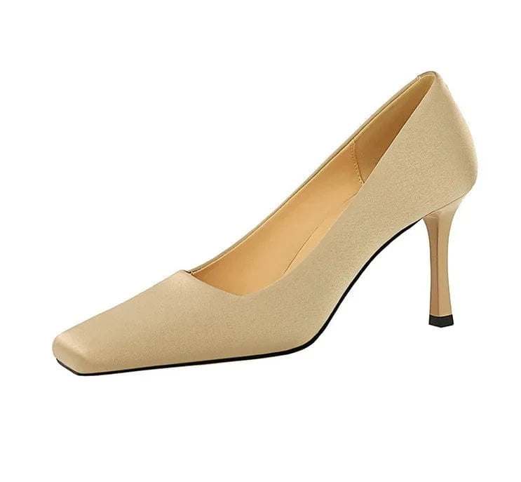 Women US8/EU40 / Champagne Women's Pumps 20023 Satin Shoes Square Toe Female Sweet Stiletto Ladies Heels
