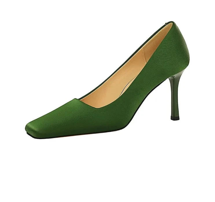 Women US8/EU40 / Green Women's Pumps 20023 Satin Shoes Square Toe Female Sweet Stiletto Ladies Heels