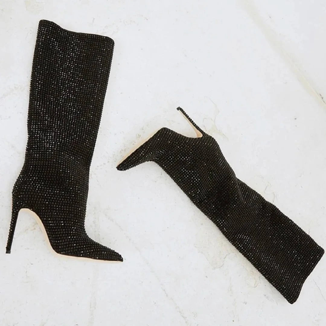 Women US9/EU41 / Black Large Size Diamond Crystal Rhinestone Comfortable Tube Stilettos Knee High Women's Boots