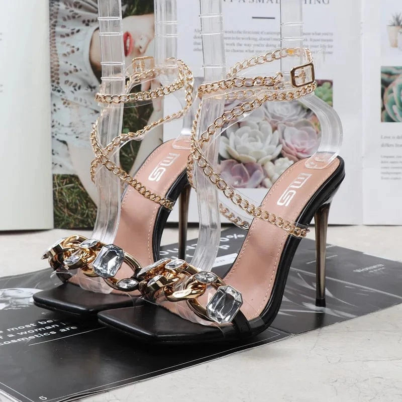 Women US9/Eur41 / Black Chain Upper Talon Pour Femme Cross Strap Square Toe 2023 New High Heeled Sandals