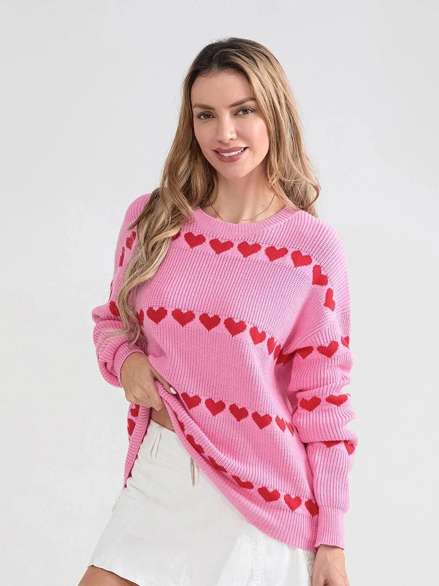 Women Valentine's Day Knit Sweater Heart Print Long Sleeve Round Neck Pullovers Fall Winter Casual Loose Knitted Jumpers Tops