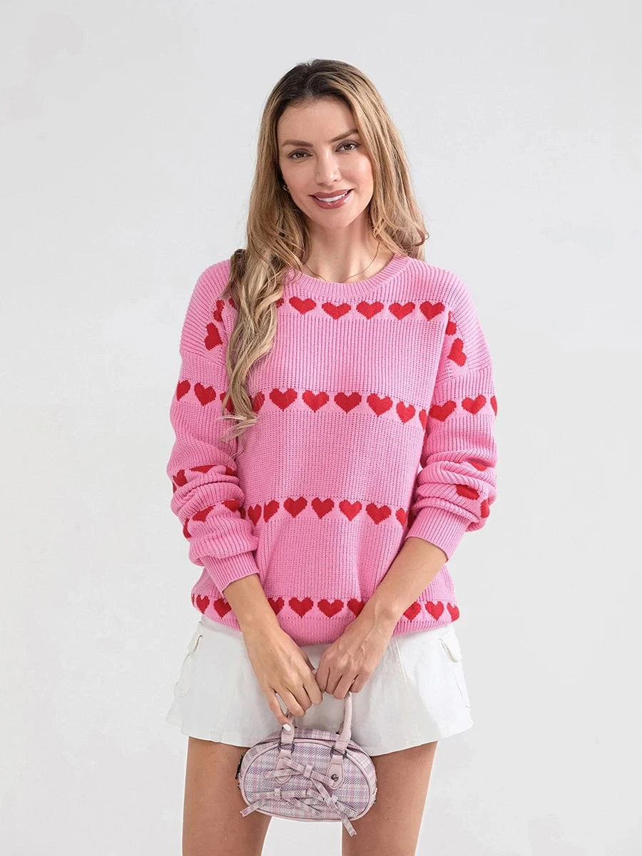 Women Valentine's Day Knit Sweater Heart Print Long Sleeve Round Neck Pullovers Fall Winter Casual Loose Knitted Jumpers Tops