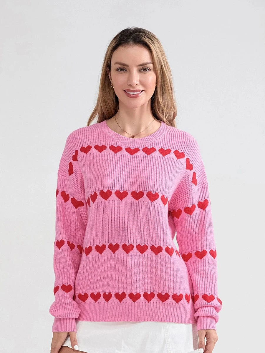 Women Valentine's Day Knit Sweater Heart Print Long Sleeve Round Neck Pullovers Fall Winter Casual Loose Knitted Jumpers Tops