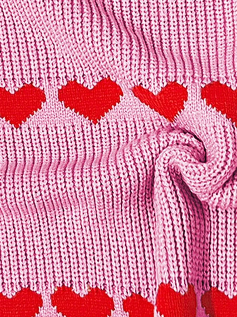 Women Valentine's Day Knit Sweater Heart Print Long Sleeve Round Neck Pullovers Fall Winter Casual Loose Knitted Jumpers Tops