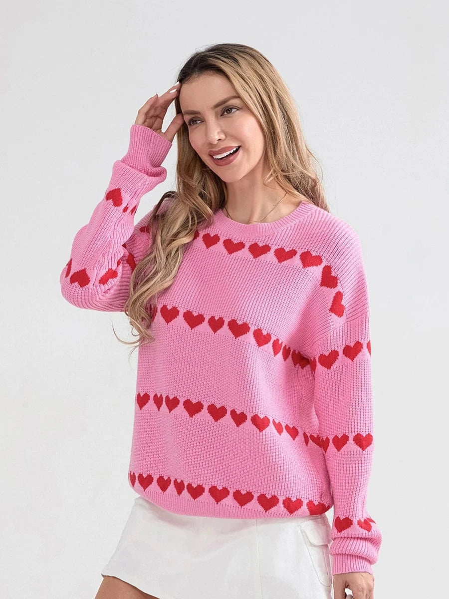 Women Valentine's Day Knit Sweater Heart Print Long Sleeve Round Neck Pullovers Fall Winter Casual Loose Knitted Jumpers Tops