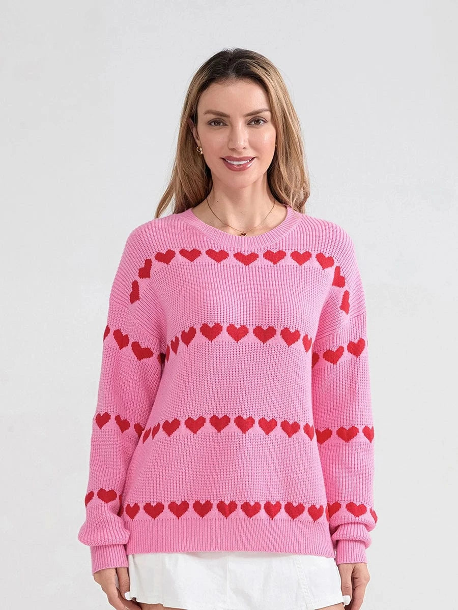 Women Valentine's Day Knit Sweater Heart Print Long Sleeve Round Neck Pullovers Fall Winter Casual Loose Knitted Jumpers Tops