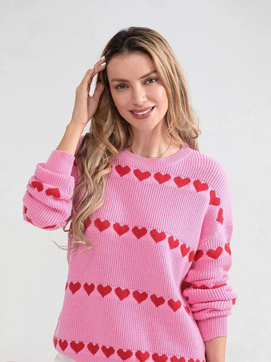 Women Valentine's Day Knit Sweater Heart Print Long Sleeve Round Neck Pullovers Fall Winter Casual Loose Knitted Jumpers Tops