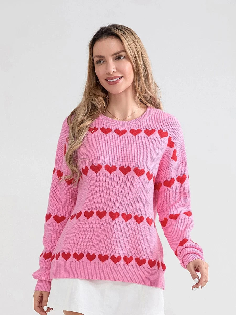 Women Valentine's Day Knit Sweater Heart Print Long Sleeve Round Neck Pullovers Fall Winter Casual Loose Knitted Jumpers Tops