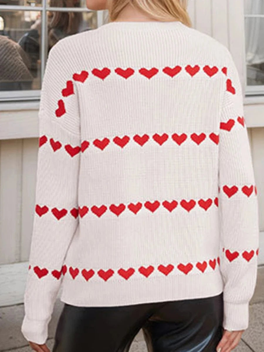 Women Valentine's Day Knit Sweater Heart Print Long Sleeve Round Neck Pullovers Fall Winter Casual Loose Knitted Jumpers Tops