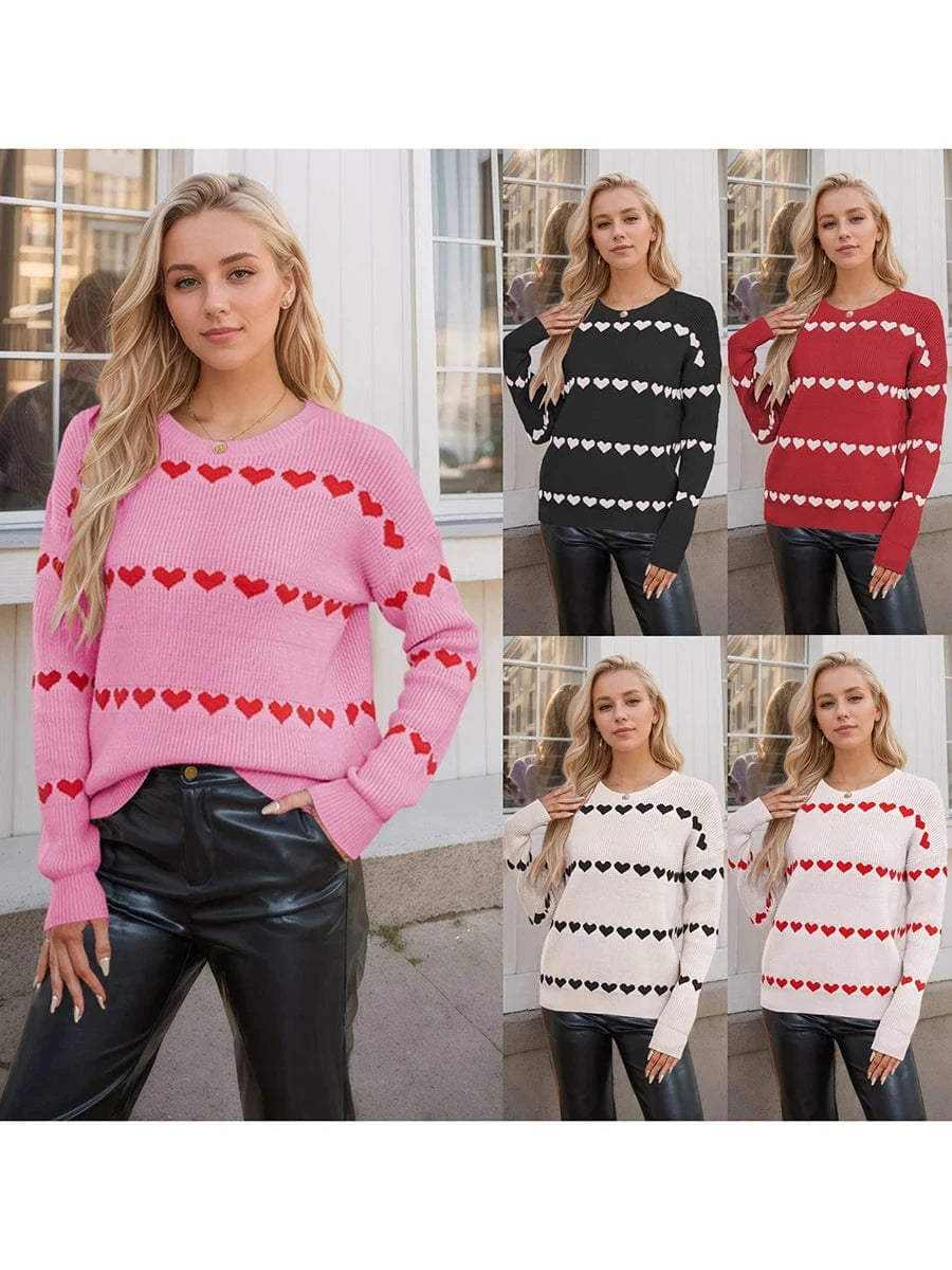 Women Valentine's Day Knit Sweater Heart Print Long Sleeve Round Neck Pullovers Fall Winter Casual Loose Knitted Jumpers Tops